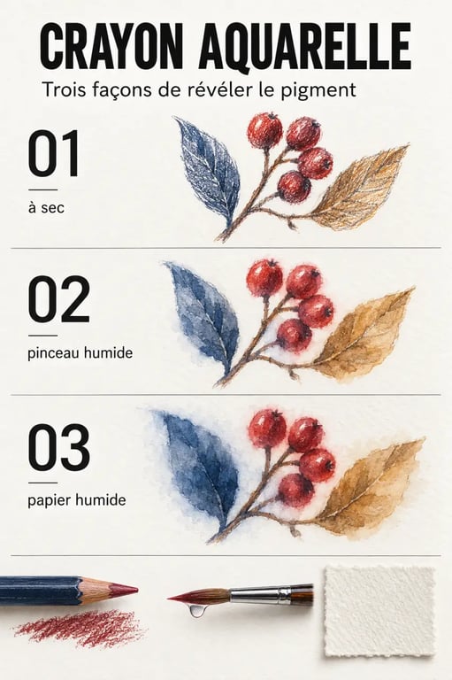 Crayon aquarelle dessin : comparaison du trait à sec, du pinceau humide et du papier mouillé
