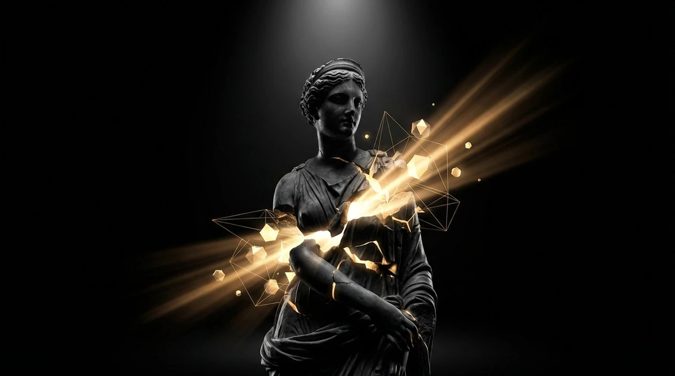 Sculpture classique fusionnant avec des formes digitales