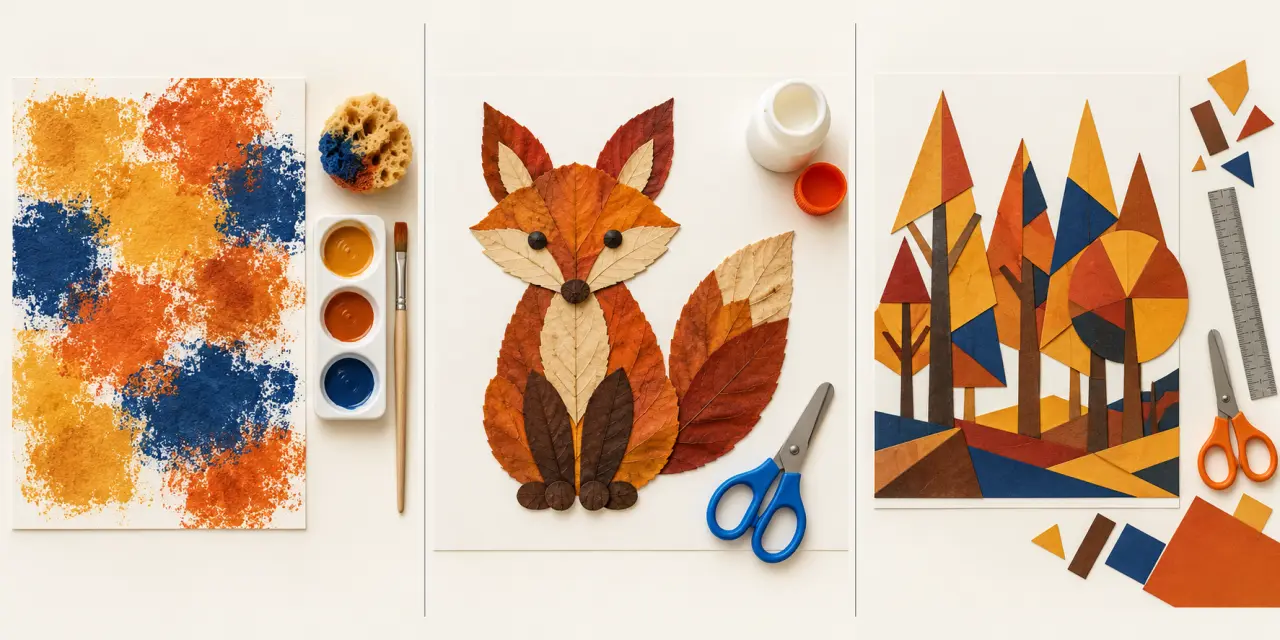 Exemples d'arts plastiques automne : feuille graphique, animal en collage et forêt géométrique