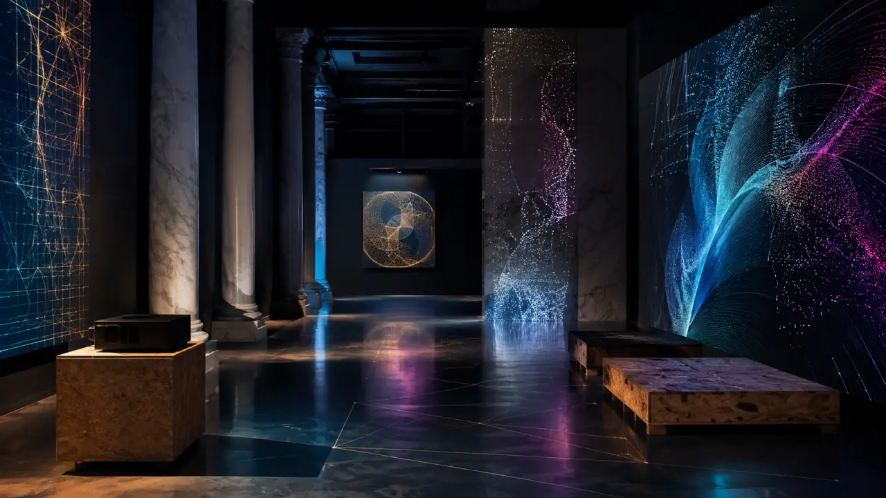 Œuvre d'art génératif présentée dans une scénographie sombre et lumineuse