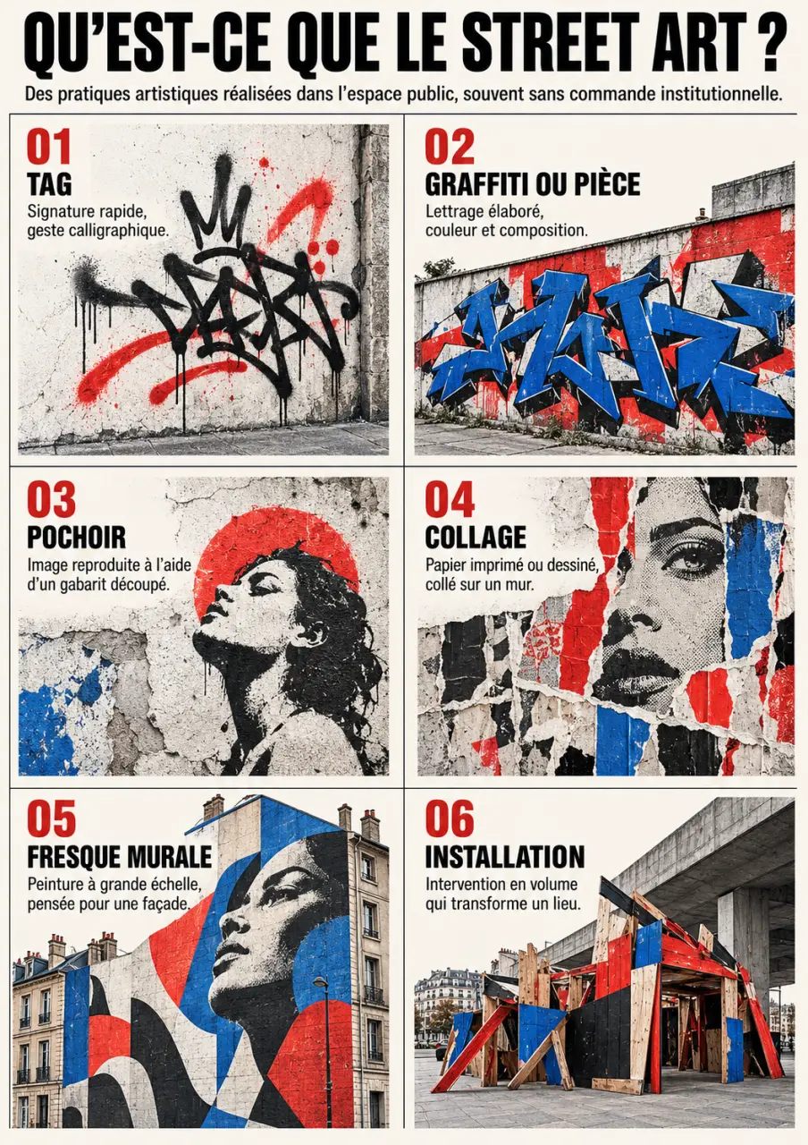 Street art def : infographie des principales techniques de l’art urbain, du tag à la fresque murale