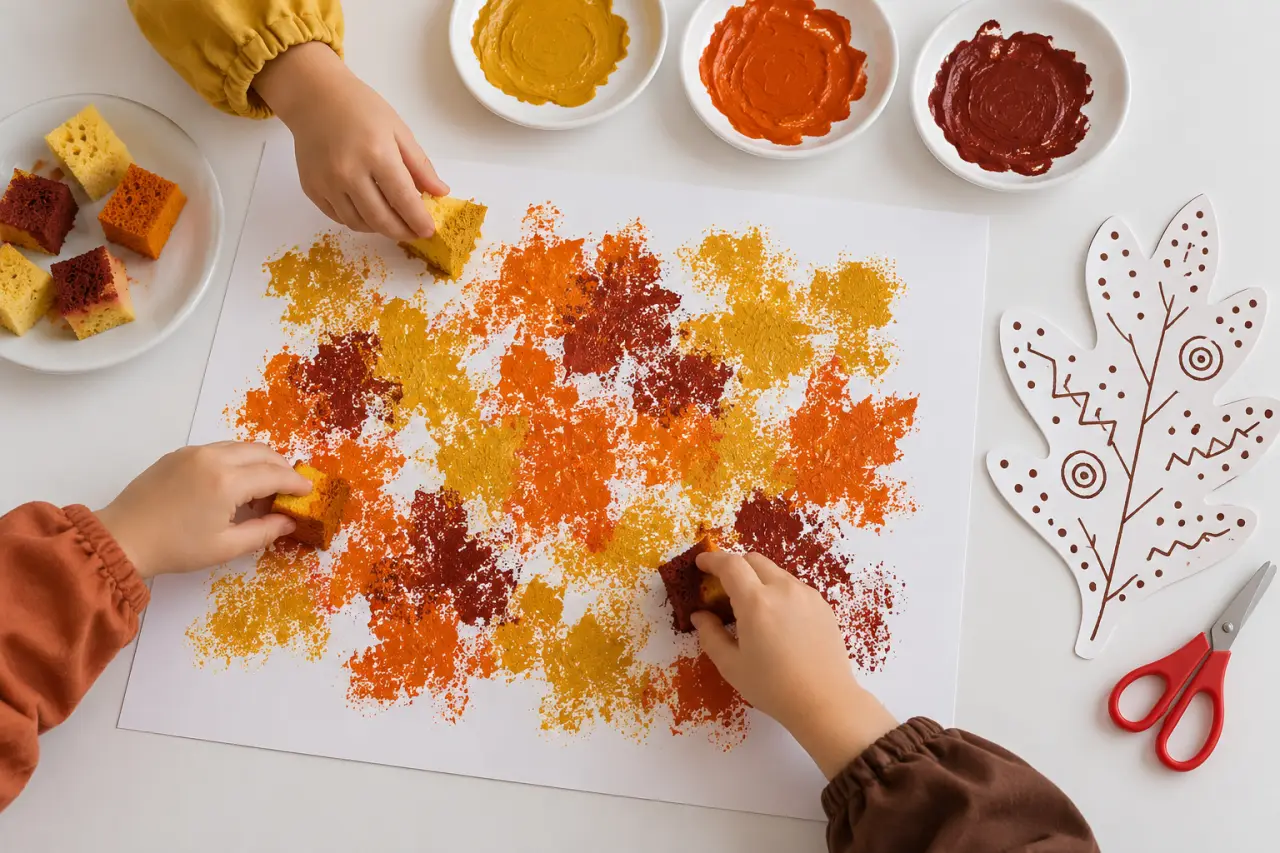Activité d'arts plastiques automne avec peinture à l'éponge et motifs graphiques sur une feuille