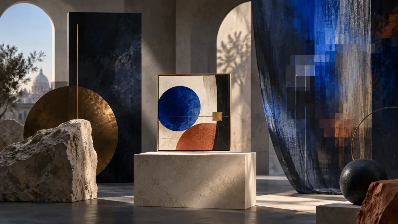 Œuvre contemporaine abstraite présentée dans une galerie à la lumière dorée