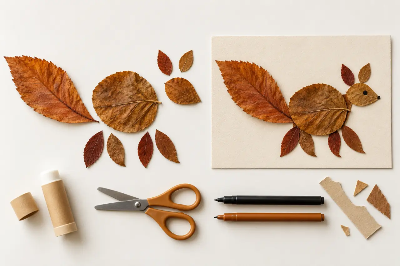 Collage d'un animal en feuilles pour une activité d'arts plastiques automne