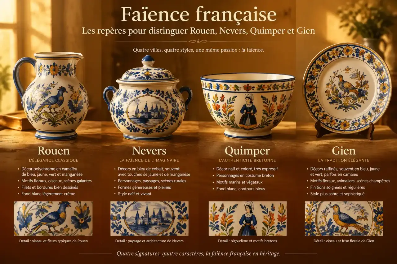 Faïence française : les repères pour distinguer Rouen, Nevers, Quimper et Gien