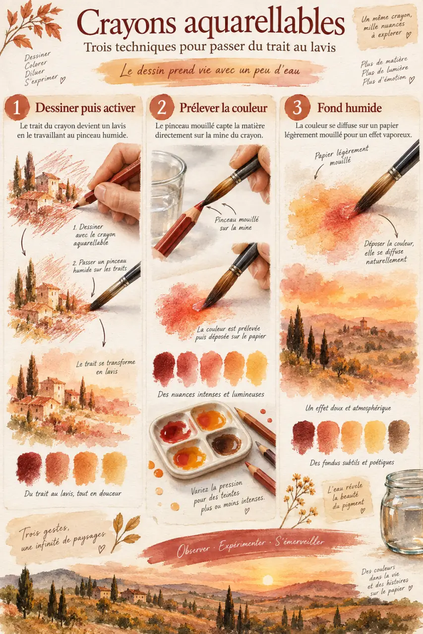 Crayons aquarellables : trois techniques pour passer du trait au lavis