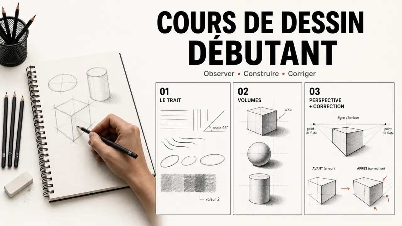 cours de dessin debutant : progression visuelle des bases, du trait aux volumes et à la perspective