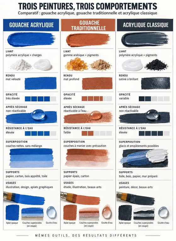 Infographie comparative de l’acrylique gouache, de la gouache traditionnelle et de la peinture acrylique