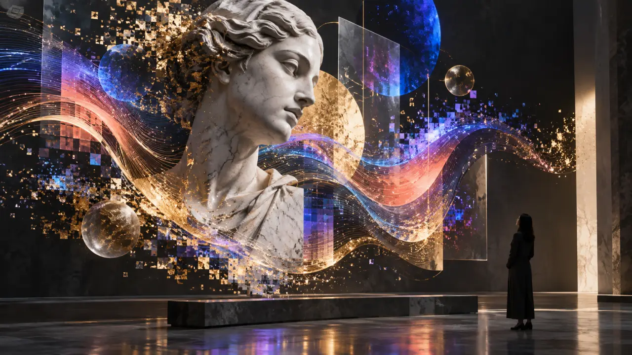 Œuvre d'art numérique générative aux formes abstraites et lumineuses