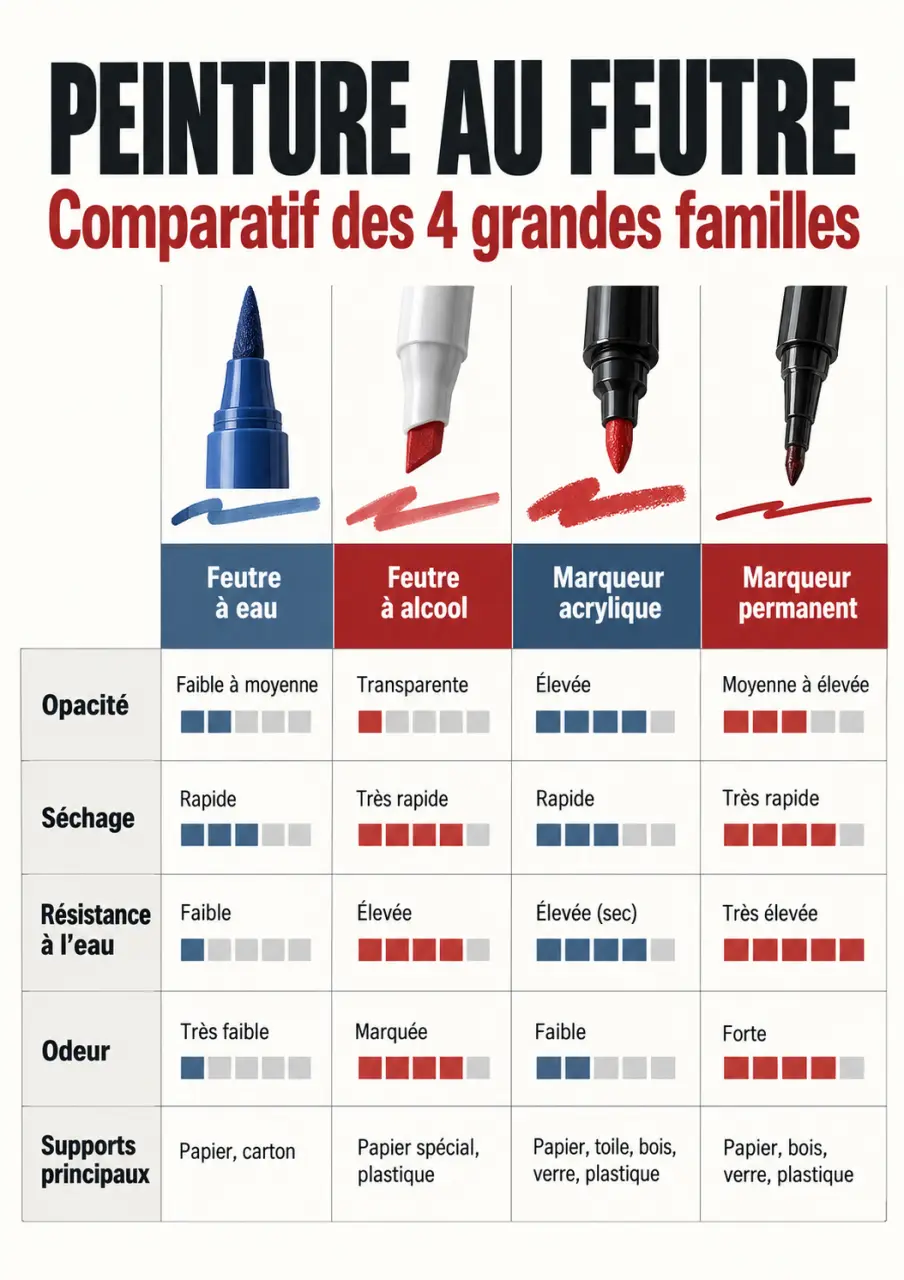 Infographie comparative des types de peinture au feutre et de leurs supports