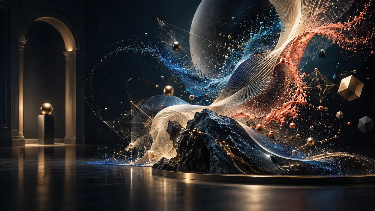 Composition abstraite évoquant une œuvre d’art algorithmique aux formes dorées sur fond sombre