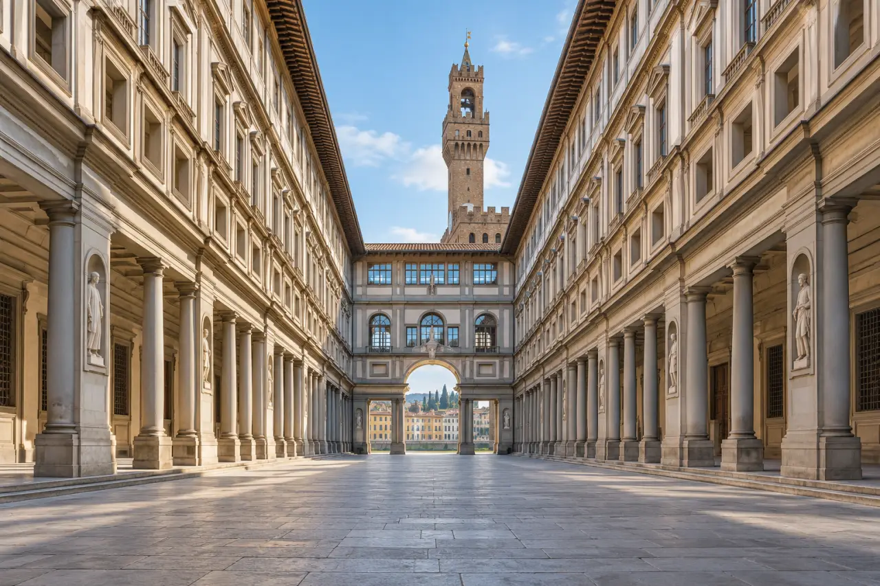 Galerie des Offices à Florence entre le Palazzo Vecchio et l’Arno