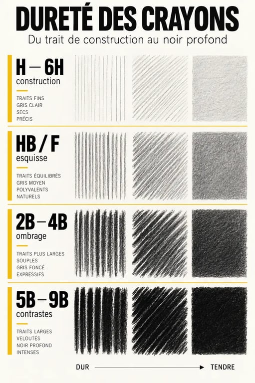 Quel crayon pour dessiner : rendu des mines H, HB, 2B et 6B selon la dureté