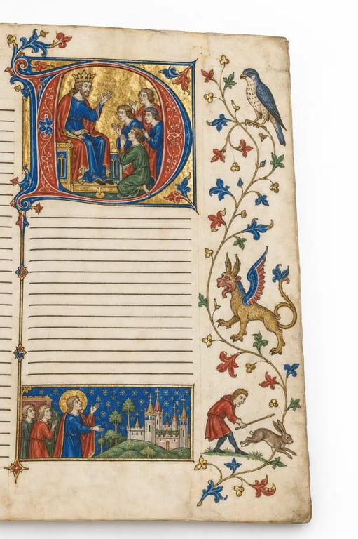 Enluminure du moyen age avec lettrine ornée et marginalia représentant des figures hybrides dans les marges