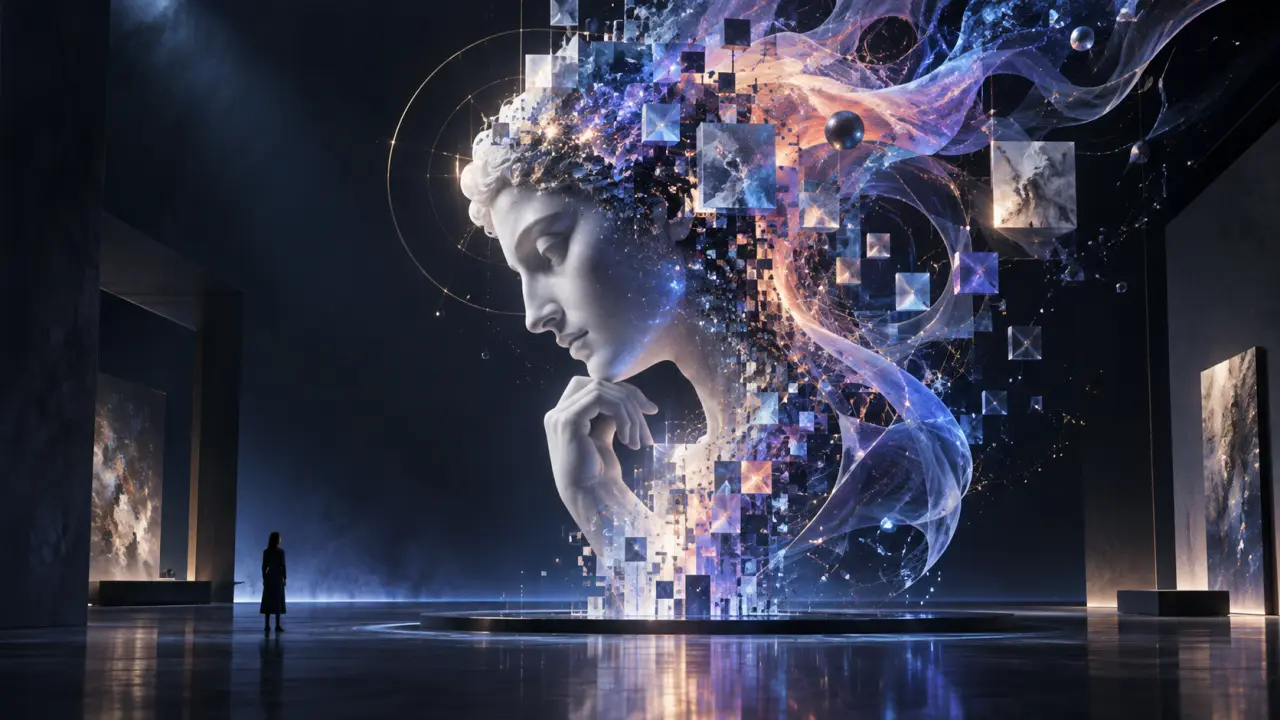 Composition abstraite évoquant la rencontre entre une muse classique et un algorithme génératif