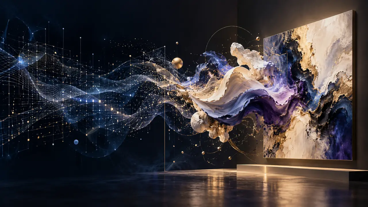 Composition abstraite évoquant une œuvre d’art générative, entre lumière dorée et structures numériques