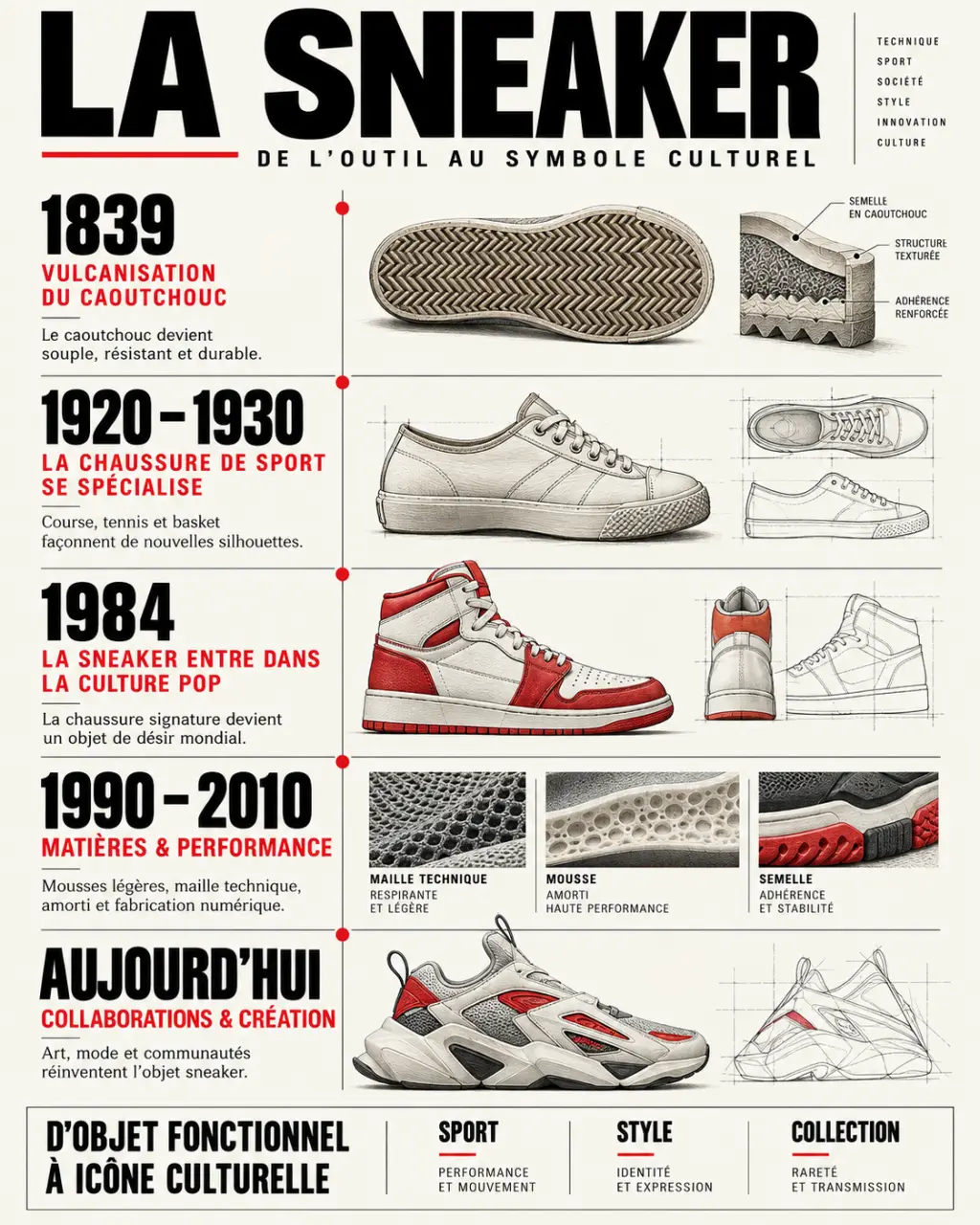 Infographie shoes as art sur l’évolution de la sneaker, du caoutchouc vulcanisé aux collaborations artistiques