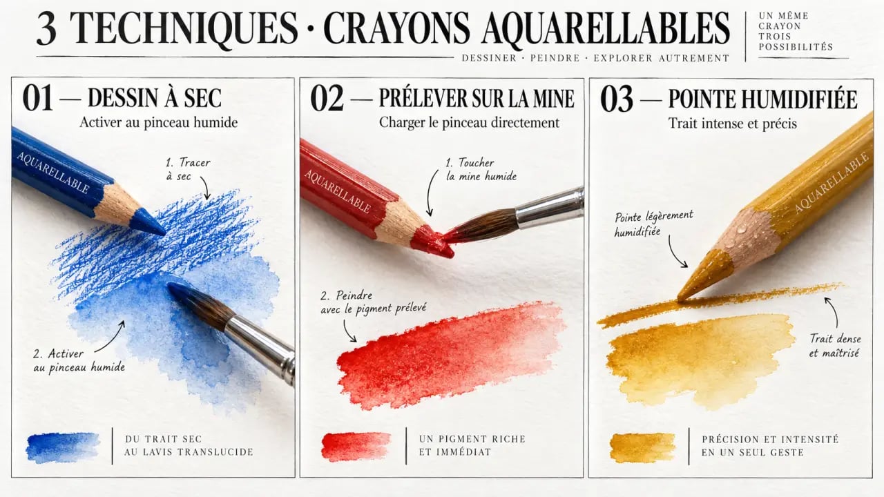 Les trois techniques d’utilisation des crayons aquarellables, du trait sec au lavis