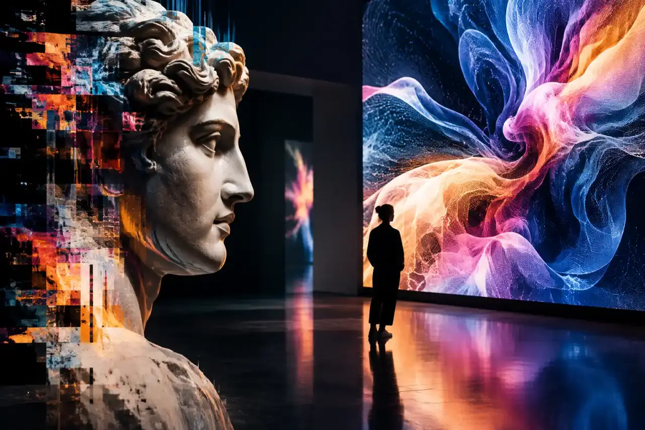 Installation d'art génératif projetée dans une galerie contemporaine sombre