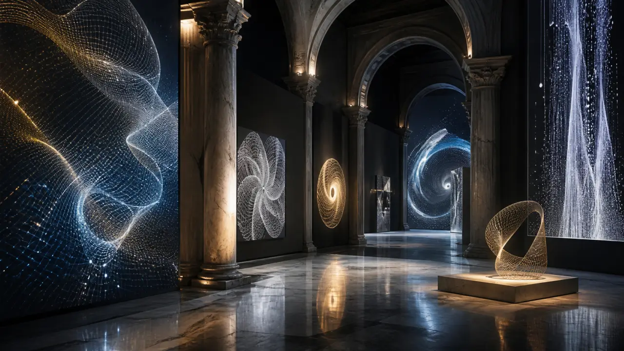 Œuvre d'art génératif présentée en galerie, entre marbre sombre et lumière dorée