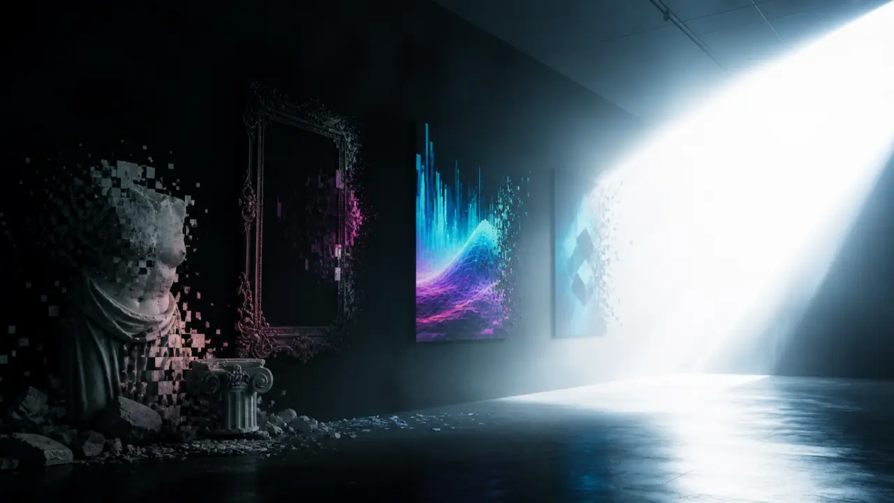 Installation d’art numérique en galerie sous une lumière contrastée