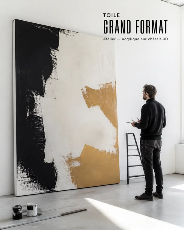 toiles peinture grand format en atelier avec châssis 3D et effet d’échelle