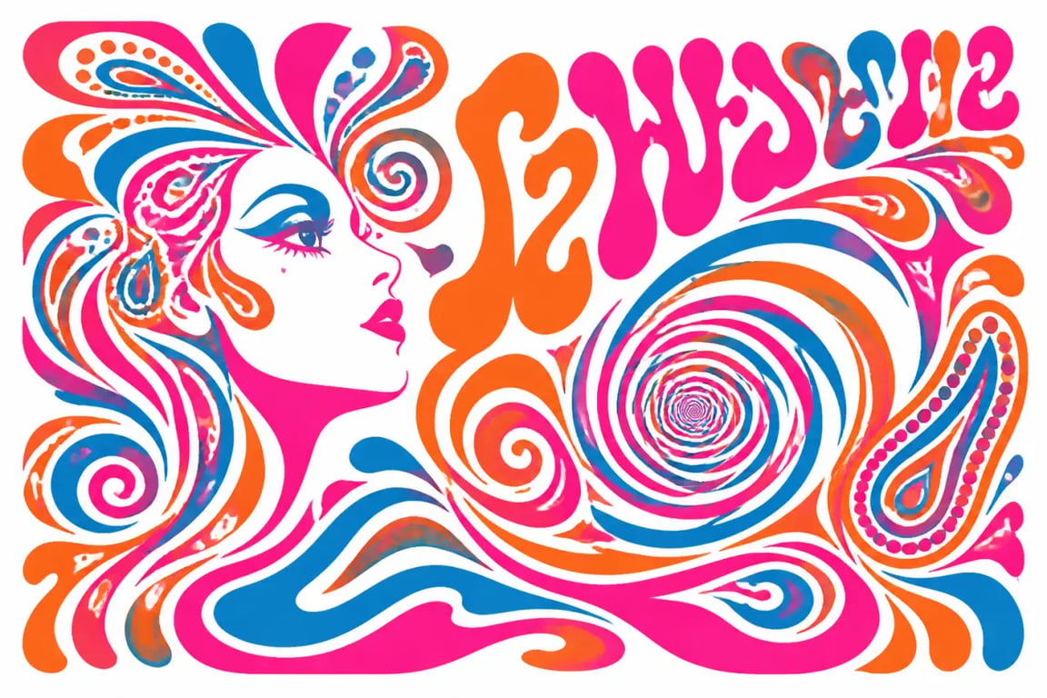 Psychédélisme art : affiche psychédélique des années 60 avec couleurs acides et typographie ondulante