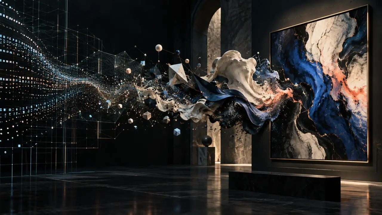 Composition abstraite générée par un algorithme, mêlant formes géométriques et lumière dorée