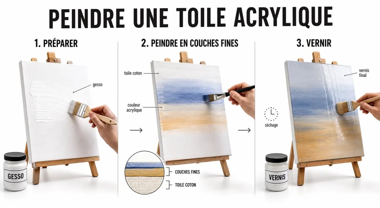 Peindre une toile acrylique : préparation de la toile, couches fines et vernissage final