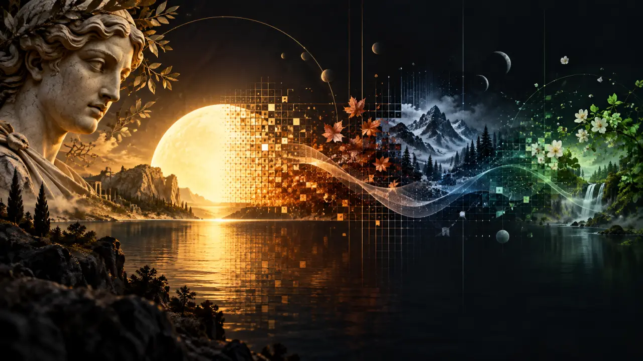 Composition d’art génératif évoquant le cycle des saisons, entre lumière dorée et formes numériques