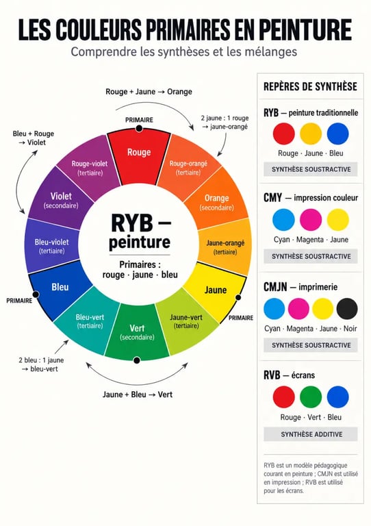 Infographie des couleurs primaires en peinture, cercle chromatique RYB et mélanges secondaires et tertiaires