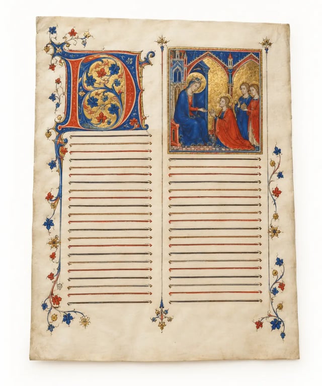 Enluminure du moyen age montrant la structure d’une page de manuscrit avec miniature, lettrine et bordures