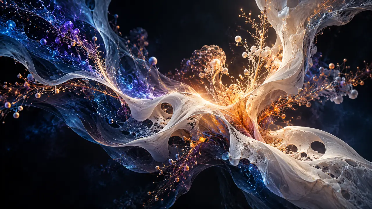 Œuvre générative abstraite mêlant lumière dorée, formes géométriques et mouvement numérique