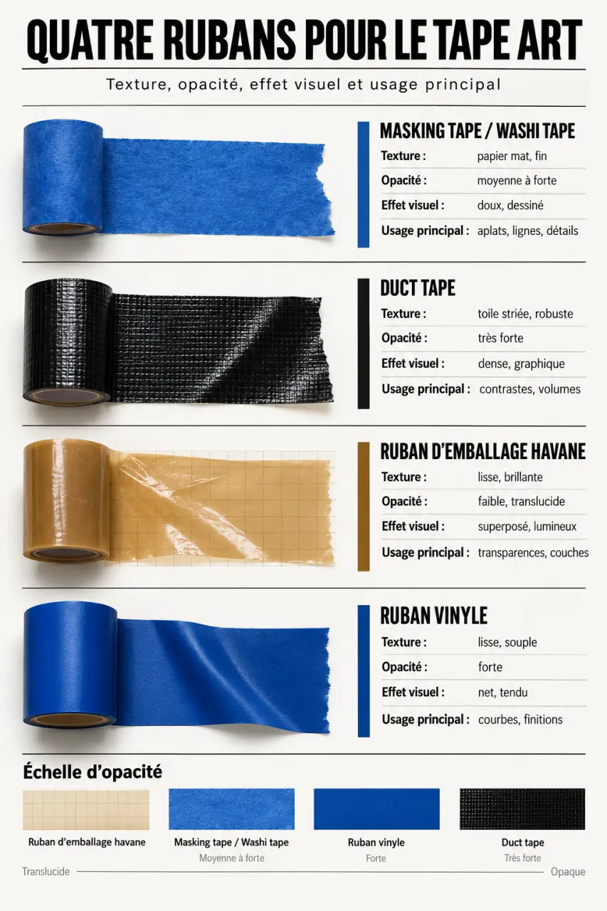 Infographie comparative des rubans utilisés pour le tape art et de leurs effets visuels