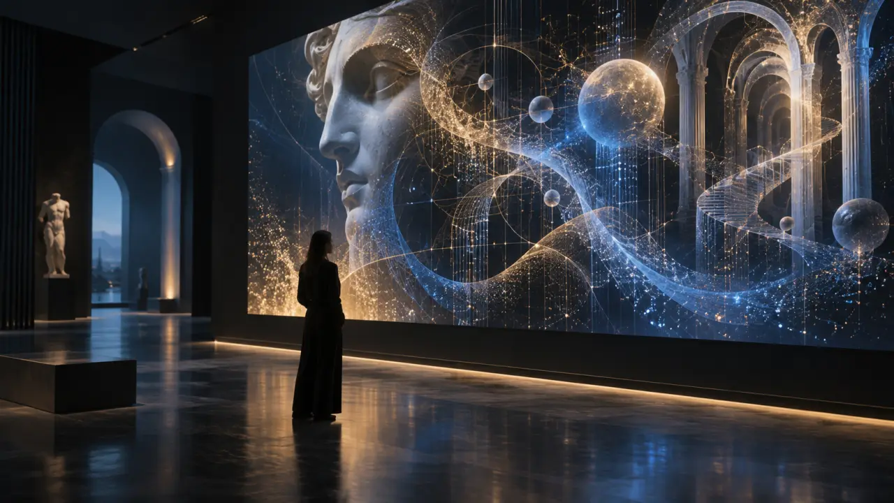 Œuvre générative lumineuse présentée dans une galerie d’art contemporain