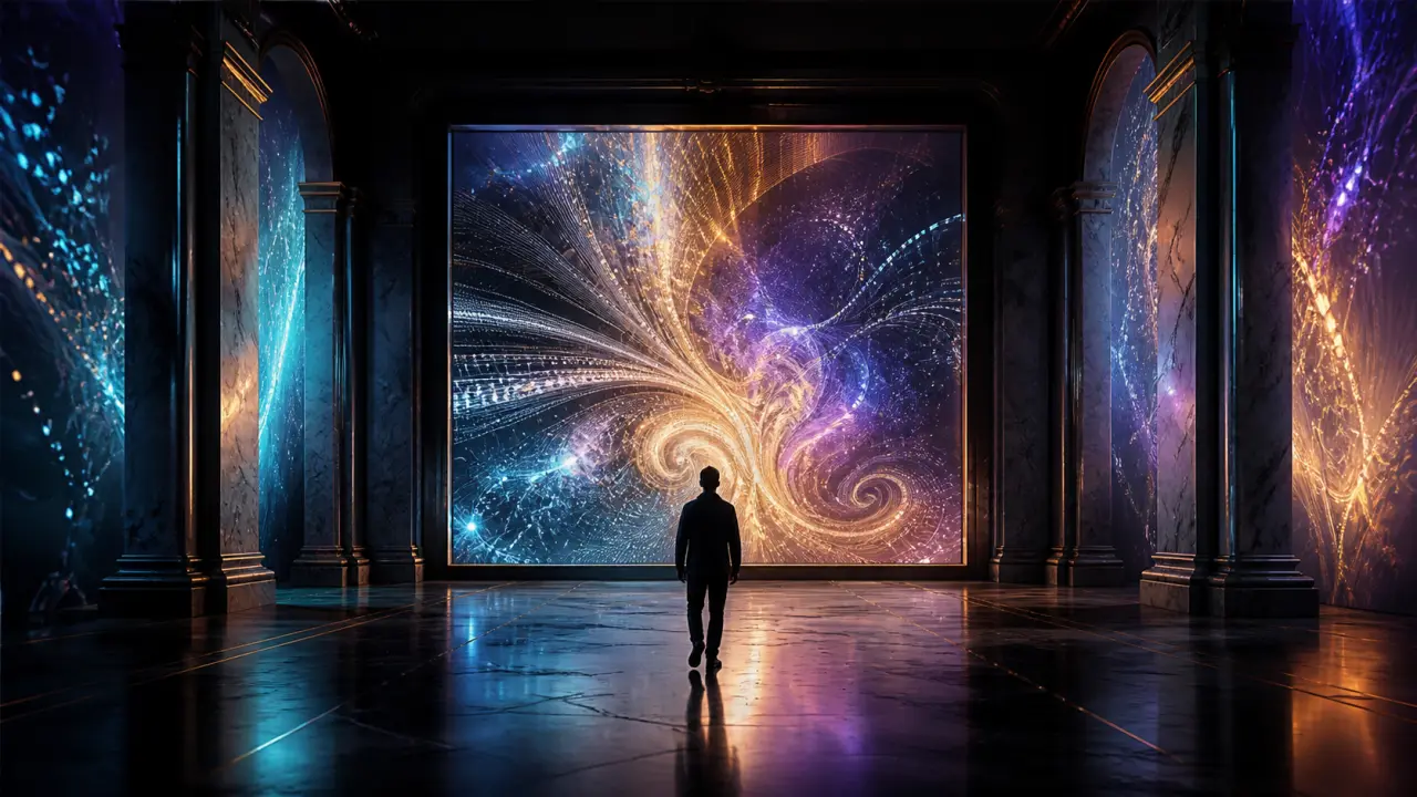 Œuvre générative présentée en galerie, entre marbre sombre, lumière dorée et formes digitales