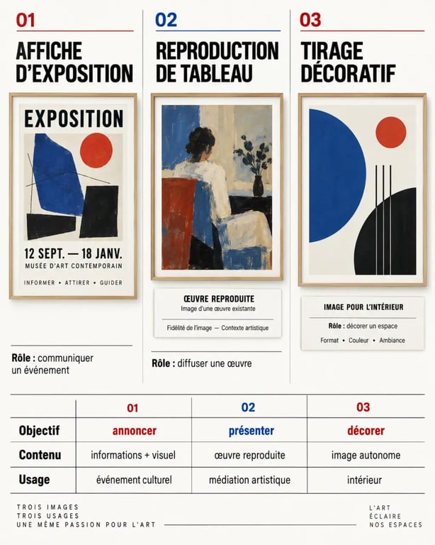 Infographie sur les différences entre une affiche exposition peinture, une reproduction de tableau et un tirage décoratif