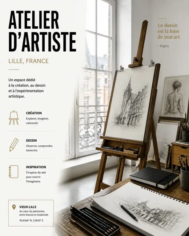 Atelier de cours de dessin à Lille avec matériel artistique