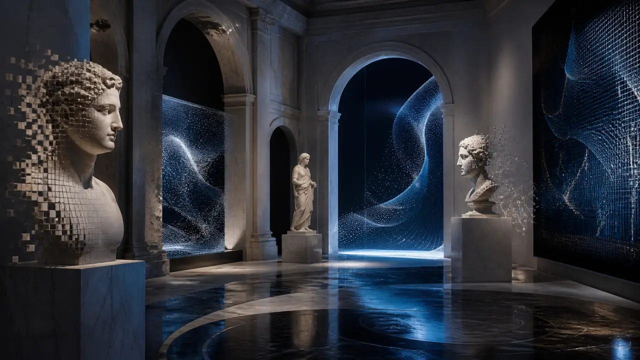 Une sculpture de muse classique fusionnant avec des formes digitales dorées dans une galerie sombre