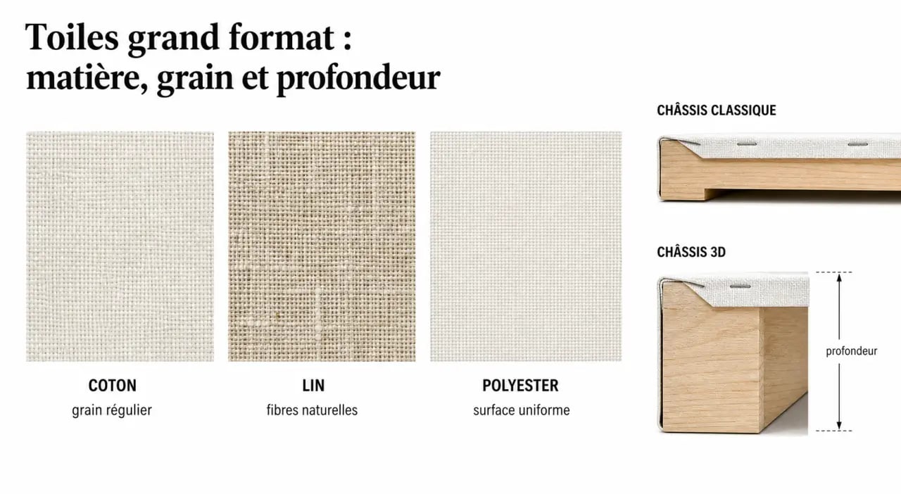 toiles peinture grand format : comparaison visuelle des matières coton, lin et polyester avec châssis classique et 3D